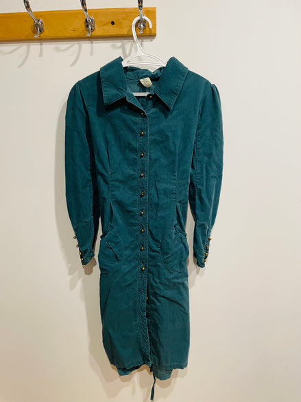 Robe vintage velour cordé vert - manches longues - Taille 42