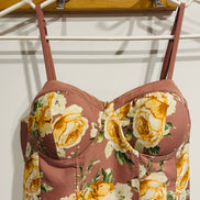 Robe longue florale rose mauve - imprimé roses jaunes - bretelles fines - style bohème été - Taille Medium