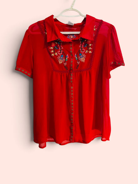Blouse rouge et broderies manches courtes / Paragon / taille XL