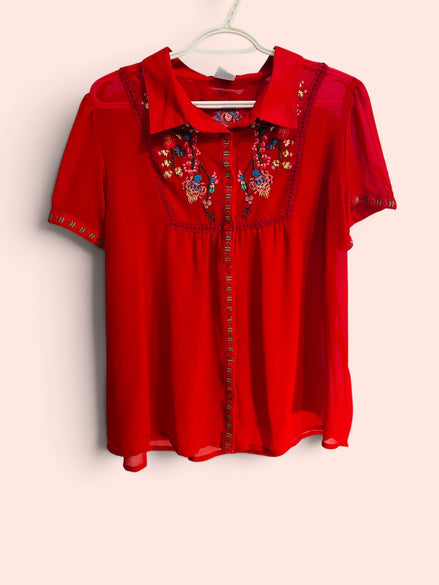 Blouse rouge et broderies manches courtes / Paragon / taille XL