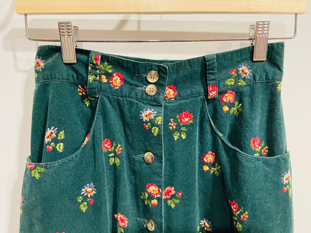 Jupe longue corduroy verte - motif floral - vintage - taille 4