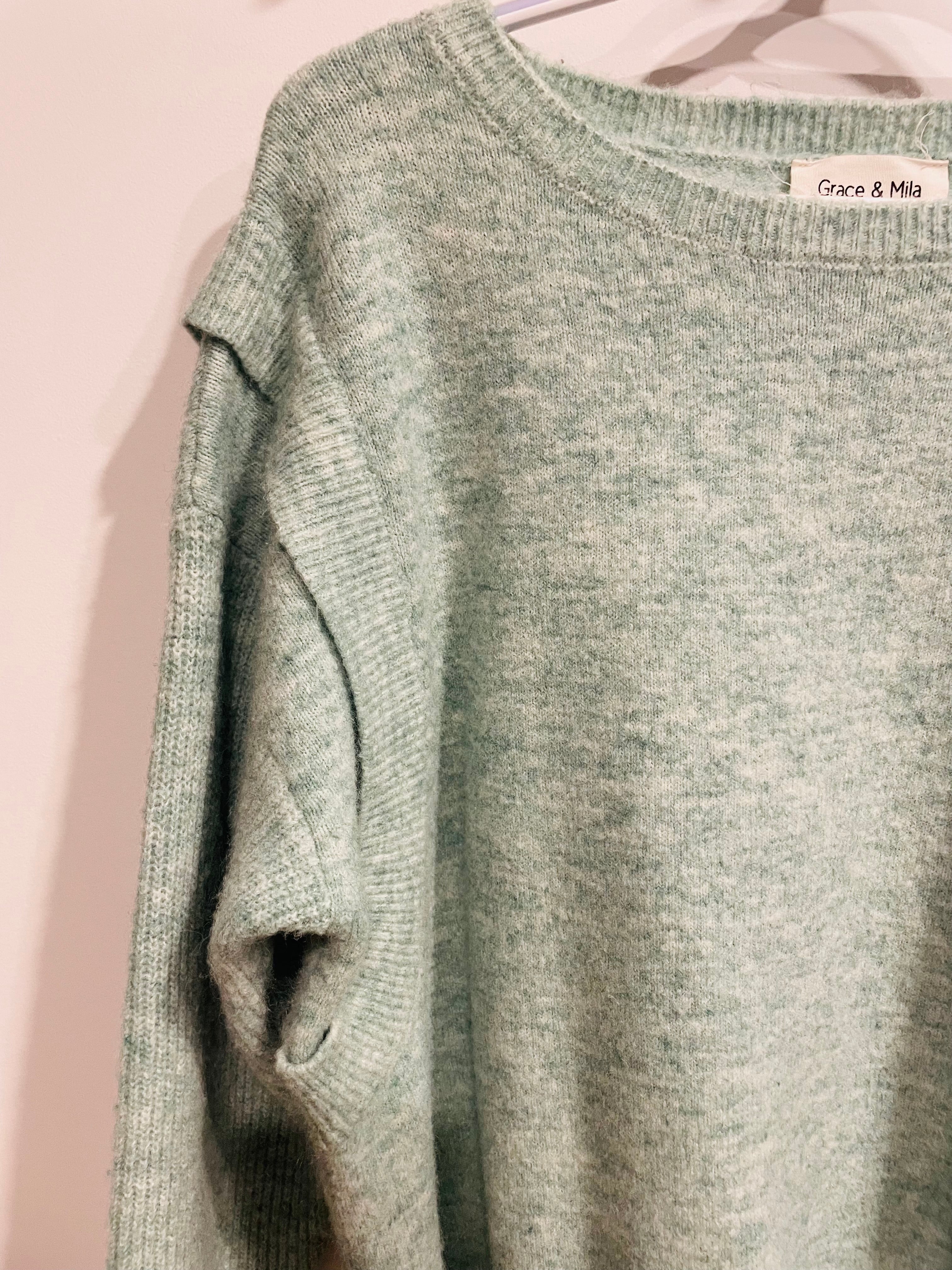 Chandail tricot vert menthe Grace & Mia - coupe oversize - encolure ronde - Taille Medium