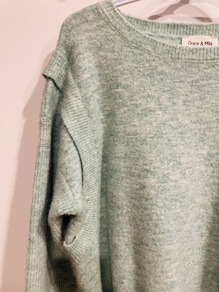 Chandail tricot vert menthe Grace & Mia - coupe oversize - encolure ronde - Taille Medium