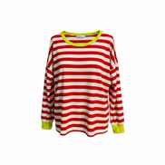 Chandail rayé blanc et rouge, manches et col jaune - Diosun - Taille Medium