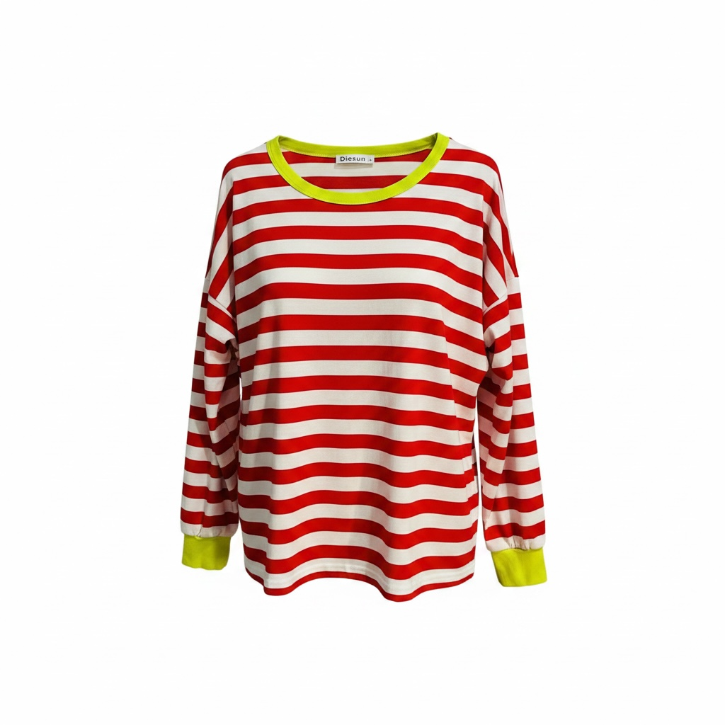 Chandail rayé blanc et rouge, manches et col jaune - Diosun - Taille Medium