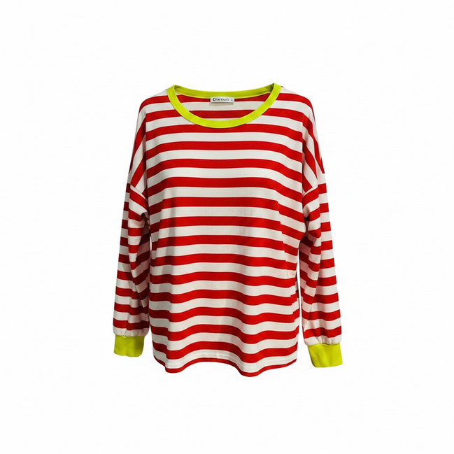 Chandail rayé blanc et rouge, manches et col jaune - Diosun - Taille Medium