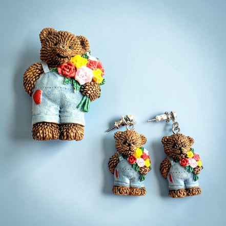 Ensemble ourson vintage / boucles d’oreilles et broche