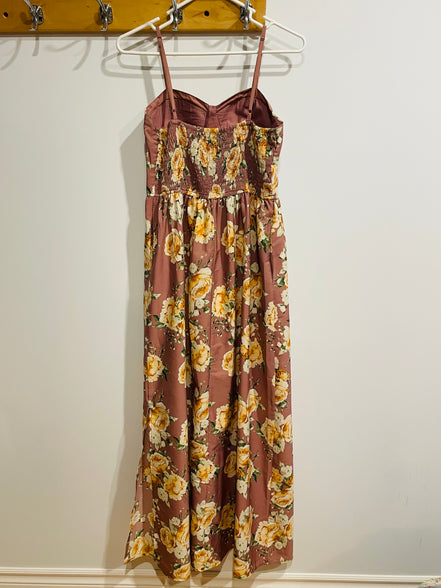 Robe longue florale rose mauve - imprimé roses jaunes - bretelles fines - style bohème été - Taille Medium