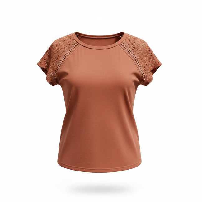 Haut rose terracotta - empiècements dentelle crochet - encolure ronde - manches courtes - Shein - Taille Large