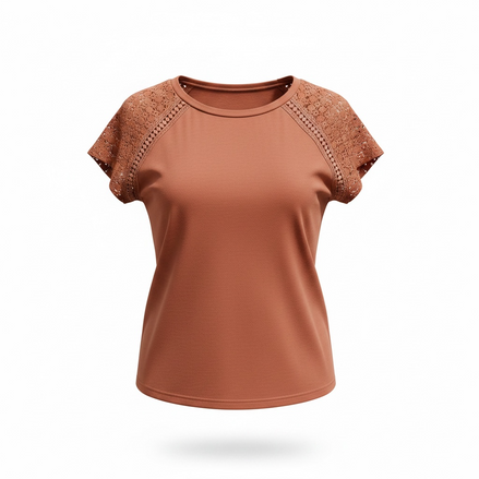 Haut rose terracotta - empiècements dentelle crochet - encolure ronde - manches courtes - Shein - Taille Large