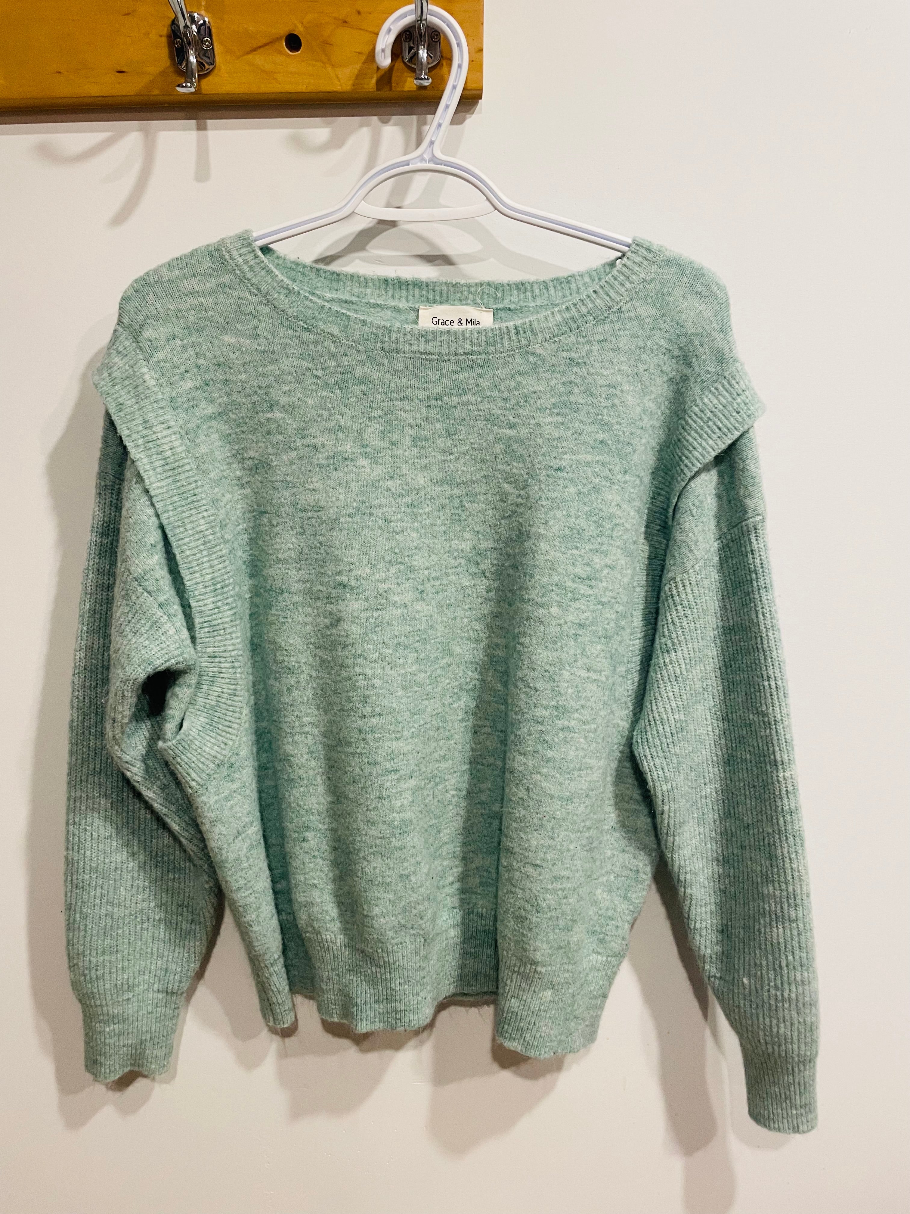 Chandail tricot vert menthe Grace & Mia - coupe oversize - encolure ronde - Taille Medium