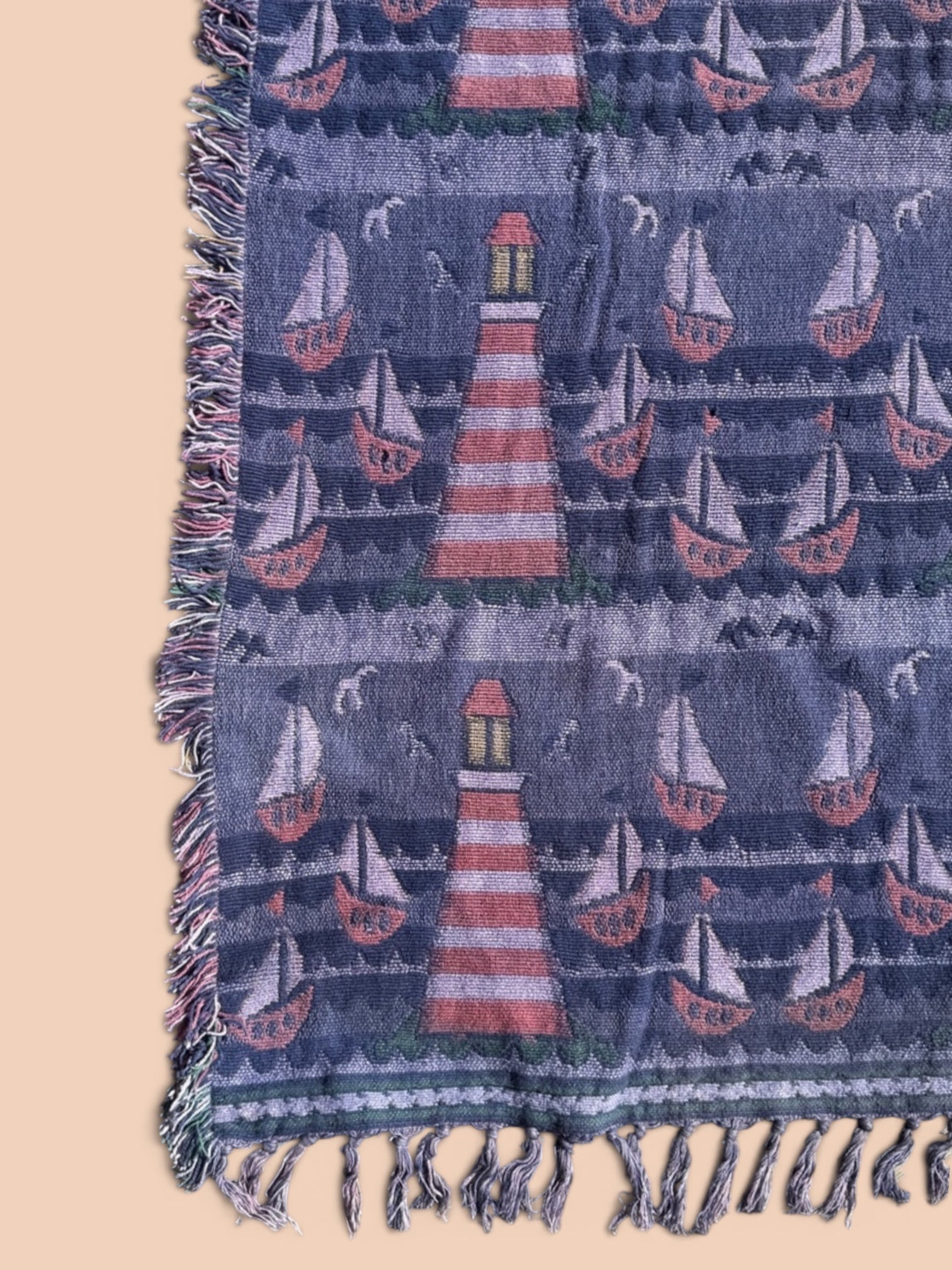 Couverture vintage tissée / phares et voiliers