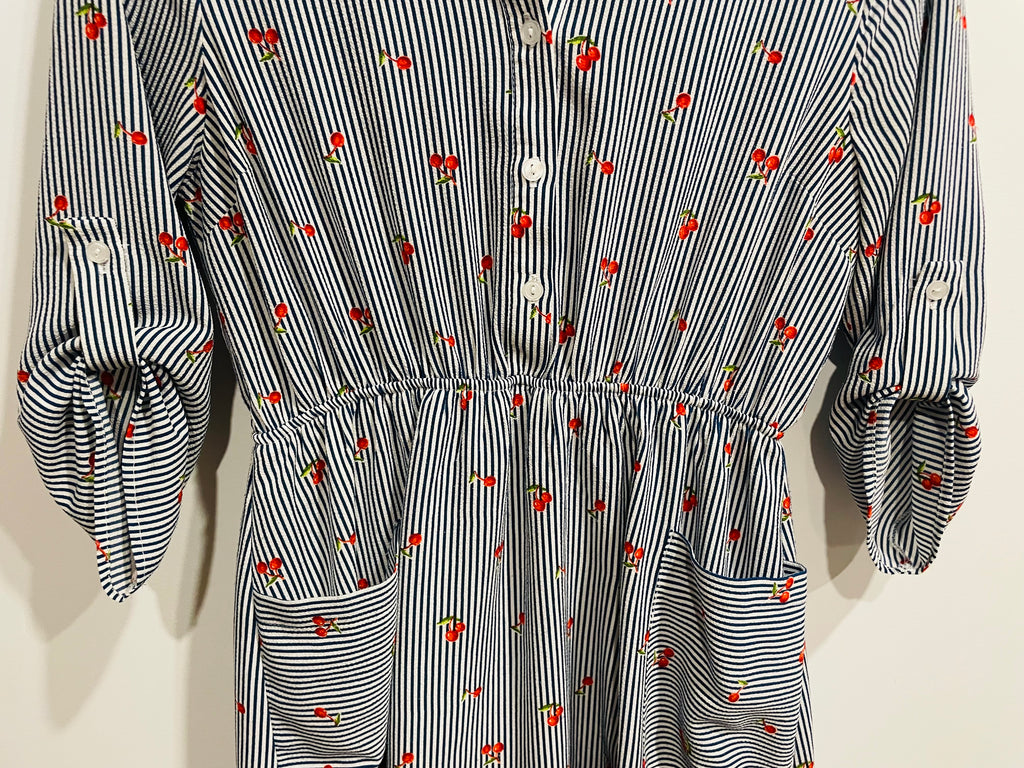 Robe chemise Monteaux - rayures bleu blanc imprimé cerises - taille élastique - Taille Large