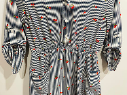 Robe chemise Monteaux - rayures bleu blanc imprimé cerises - taille élastique - Taille Large