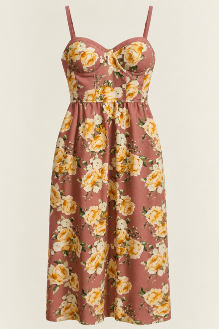 Robe longue florale rose mauve - imprimé roses jaunes - bretelles fines - style bohème été - Taille Medium