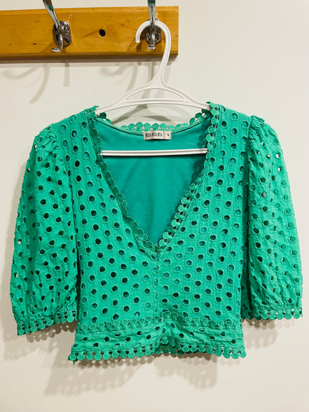 Haut crop top vert dentelle manches 3/4 - Miss Mia Mia - taille small