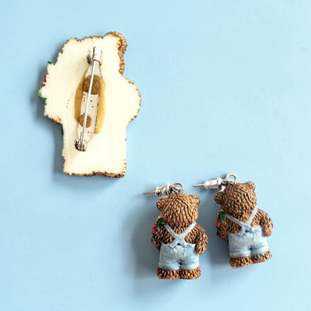 Ensemble ourson vintage / boucles d’oreilles et broche
