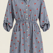 Robe chemise Monteaux - rayures bleu blanc imprimé cerises - taille élastique - Taille Large