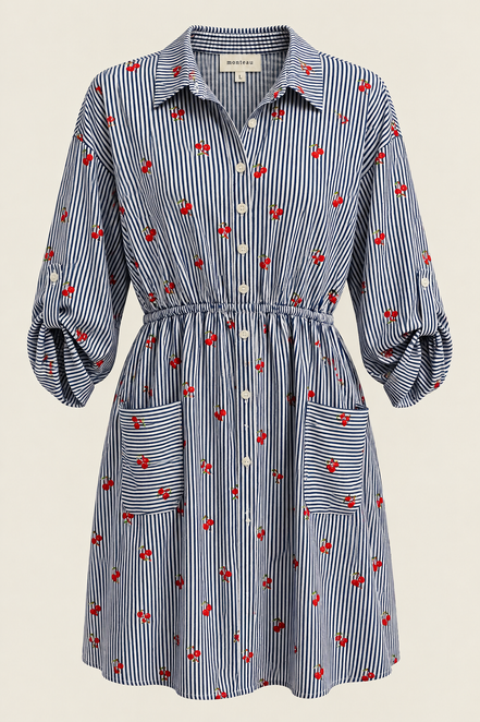 Robe chemise Monteaux - rayures bleu blanc imprimé cerises - taille élastique - Taille Large