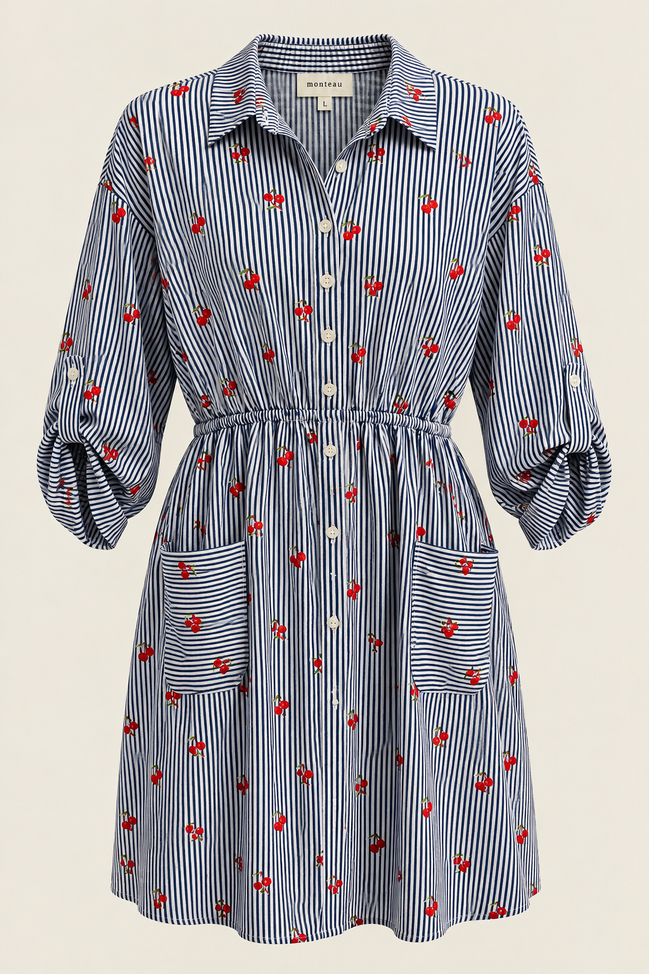 Robe chemise Monteaux - rayures bleu blanc imprimé cerises - taille élastique - Taille Large