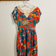 Robe fleurie vintage - col dentelle et dos ouvert - Taille Small