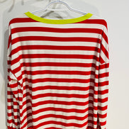 Chandail rayé blanc et rouge, manches et col jaune - Diosun - Taille Medium