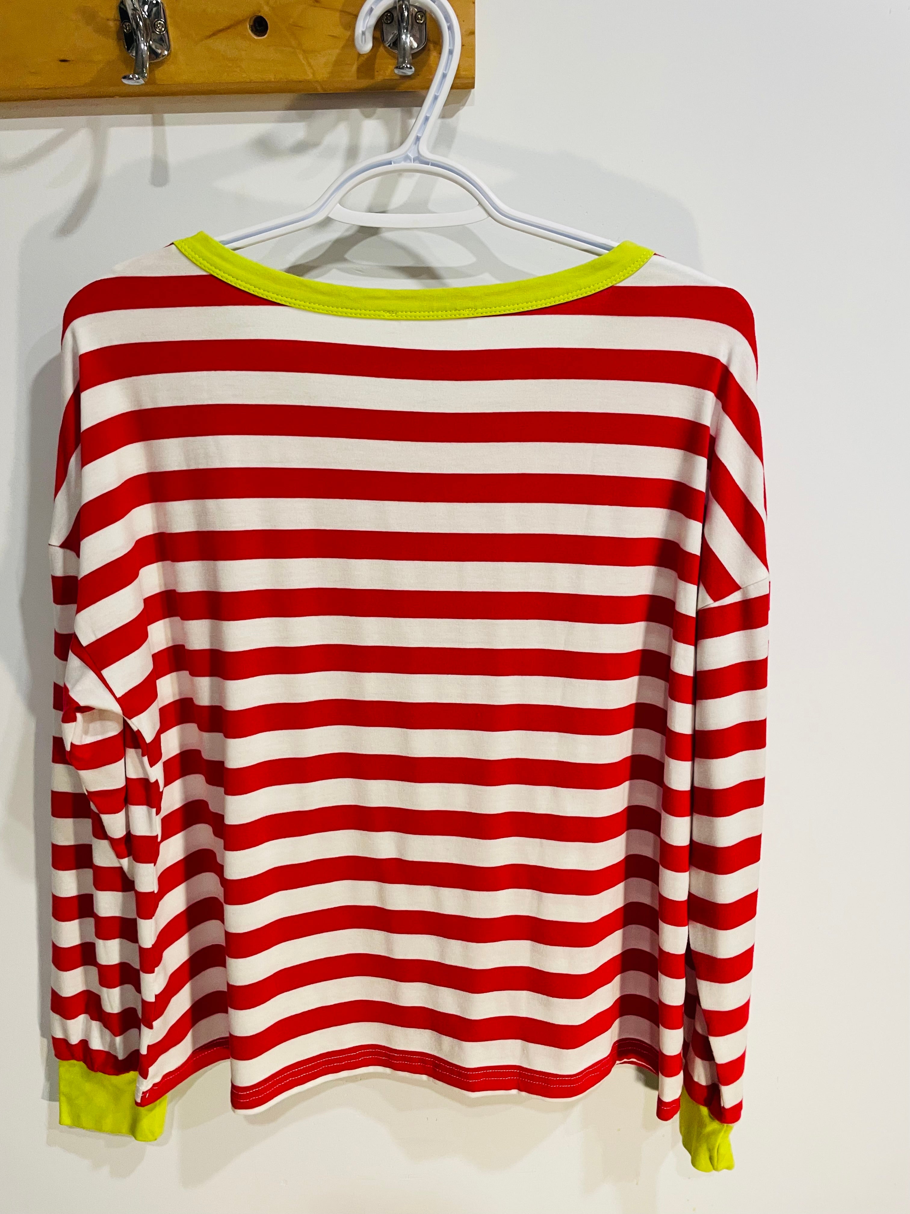 Chandail rayé blanc et rouge, manches et col jaune - Diosun - Taille Medium