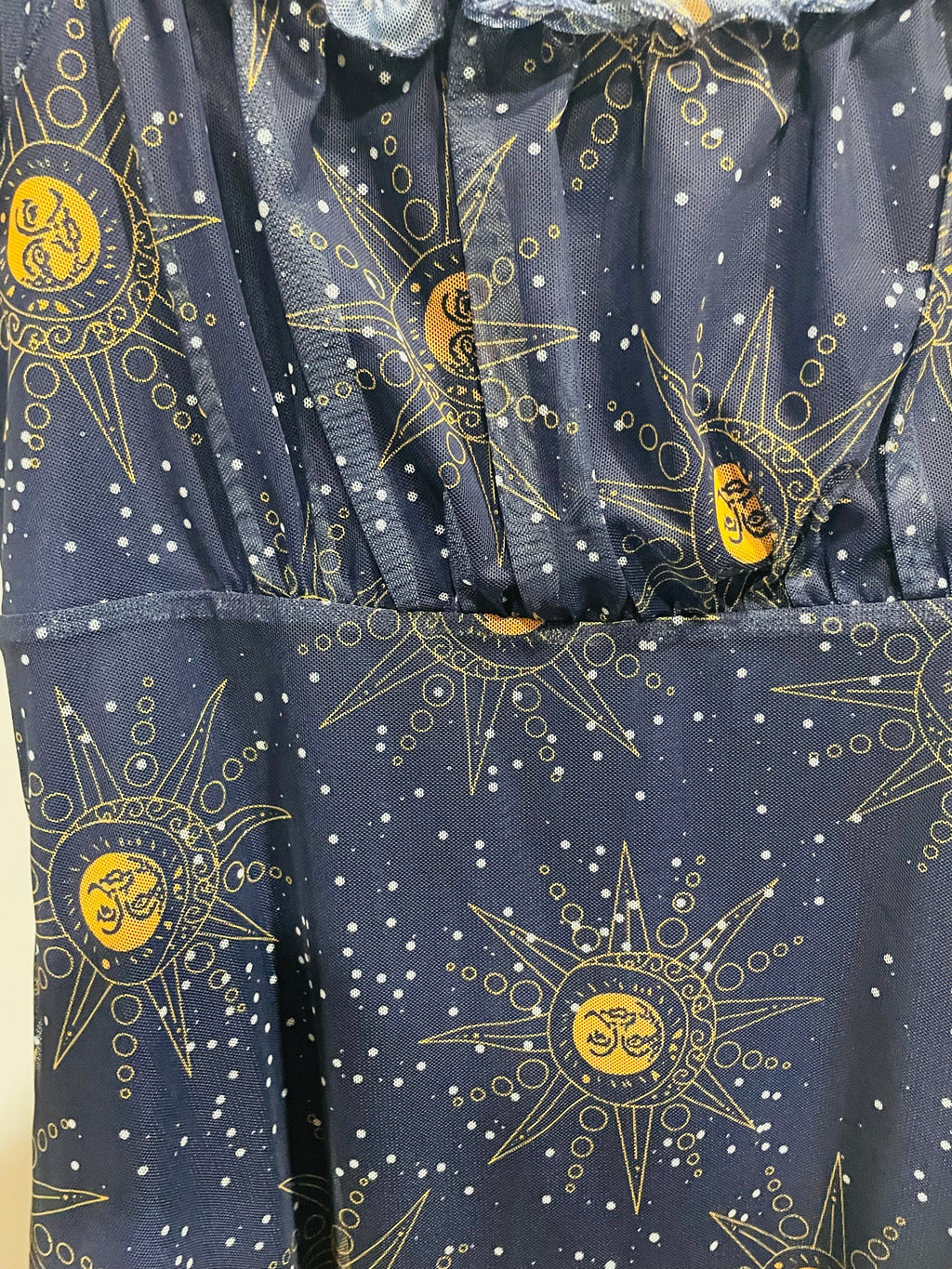 Robe mesh bleu marine imprimé céleste - Cider - manches bouffantes - style cottagecore mystique - Taille XLarge