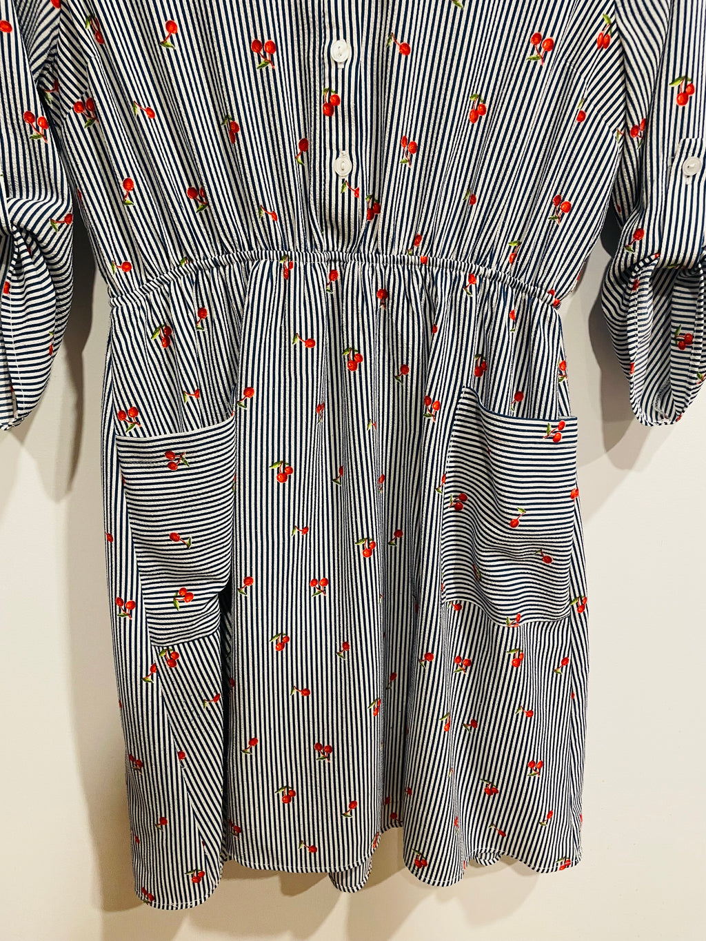 Robe chemise Monteaux - rayures bleu blanc imprimé cerises - taille élastique - Taille Large