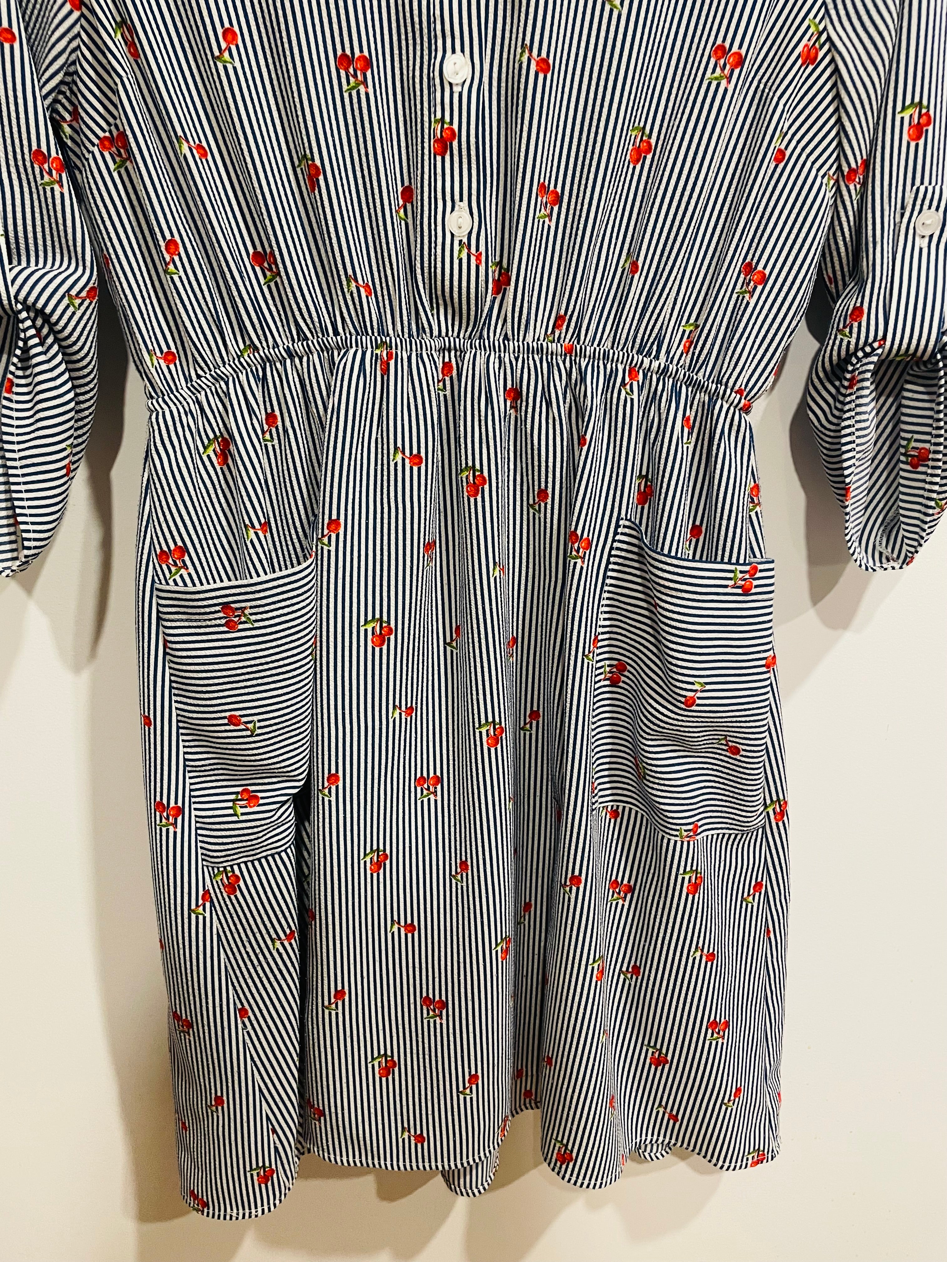 Robe chemise Monteaux - rayures bleu blanc imprimé cerises - taille élastique - Taille Large