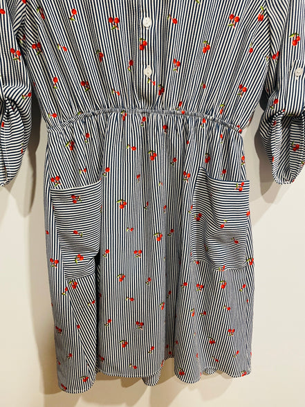 Robe chemise Monteaux - rayures bleu blanc imprimé cerises - taille élastique - Taille Large