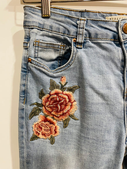 Jeans skinny taille haute broderies florales - Streetwear society - Taille 7