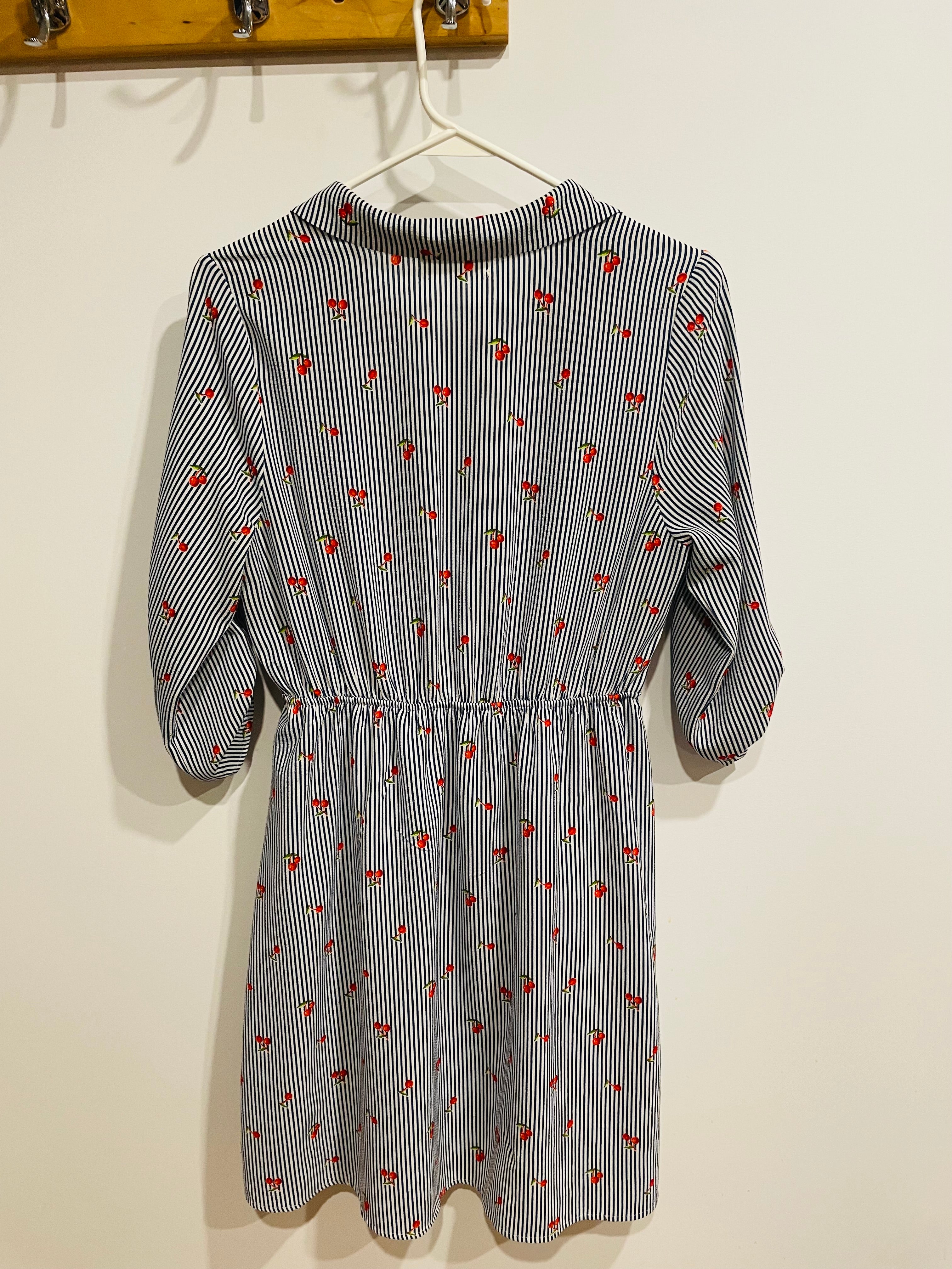 Robe chemise Monteaux - rayures bleu blanc imprimé cerises - taille élastique - Taille Large