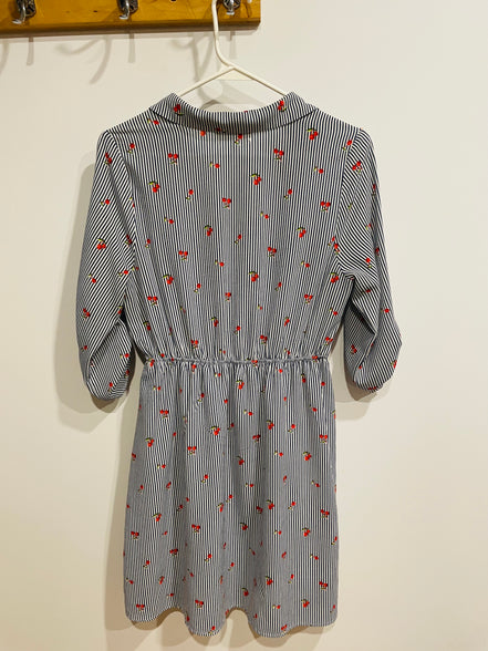 Robe chemise Monteaux - rayures bleu blanc imprimé cerises - taille élastique - Taille Large