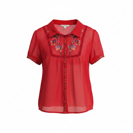 Blouse rouge et broderies manches courtes / Paragon / taille XL