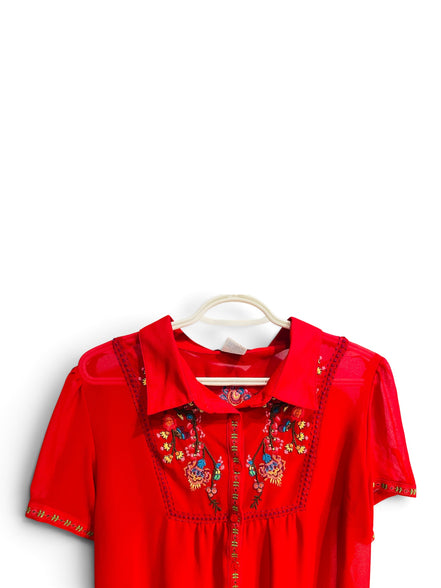Blouse rouge et broderies manches courtes / Paragon / taille XL