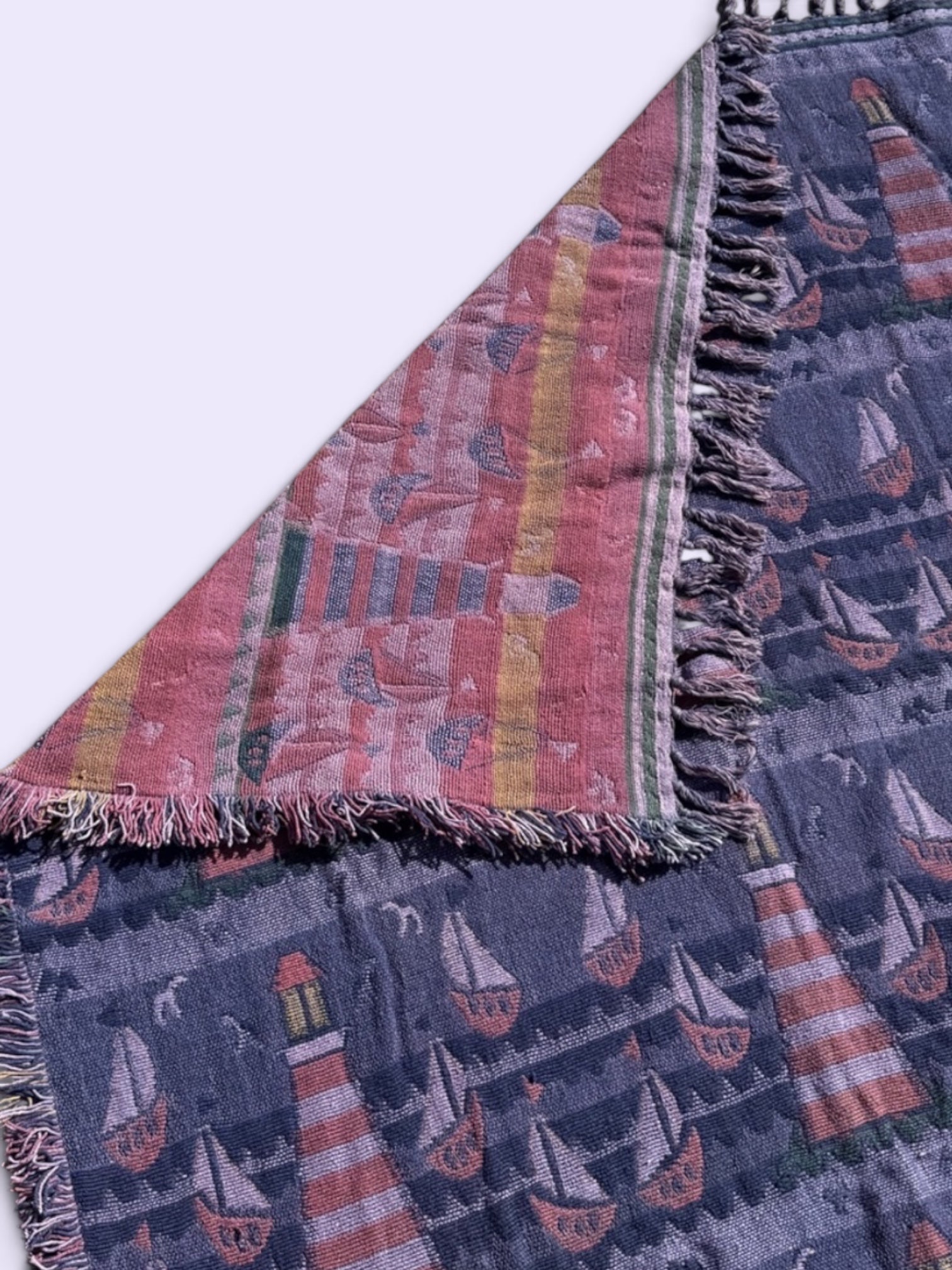 Couverture vintage tissée / phares et voiliers