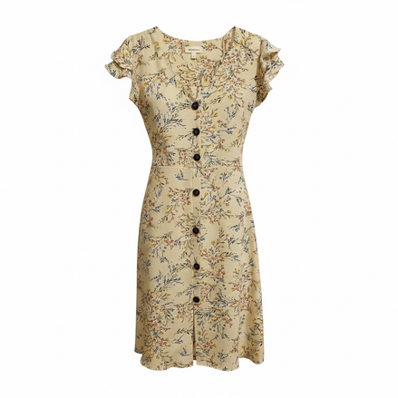 Robe florale crème Monteaux - boutons aspect bois - manches volants - Taille Small