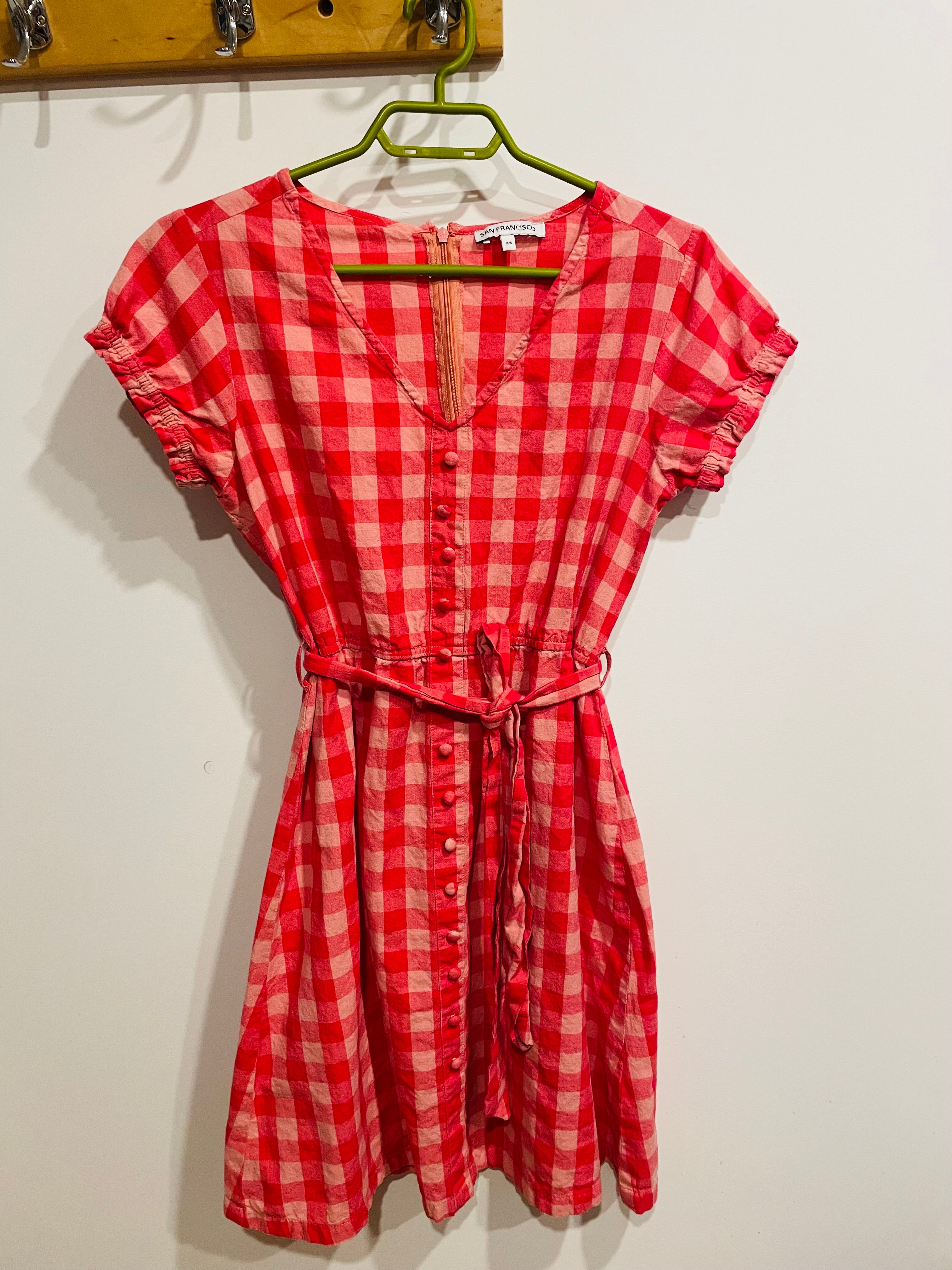 Robe courte vichy rouge San Francisco - carreaux - ceinture nouée - style rétro été - Taille : small