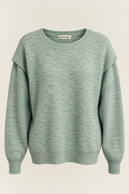 Chandail tricot vert menthe Grace & Mia - coupe oversize - encolure ronde - Taille Medium