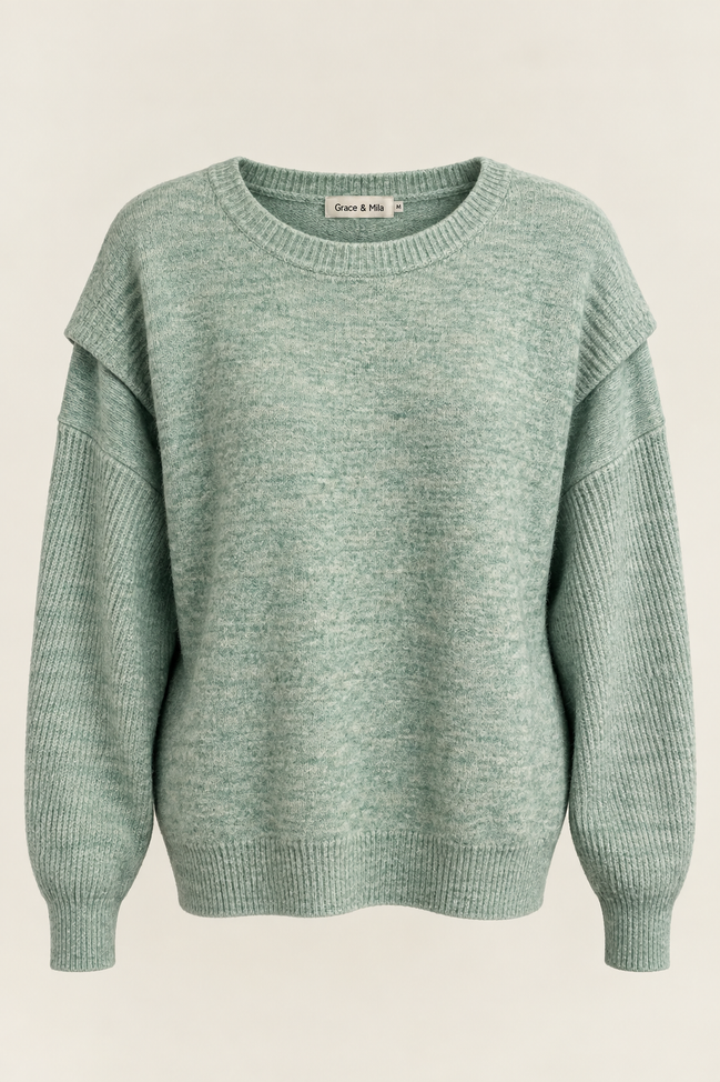 Chandail tricot vert menthe Grace & Mia - coupe oversize - encolure ronde - Taille Medium