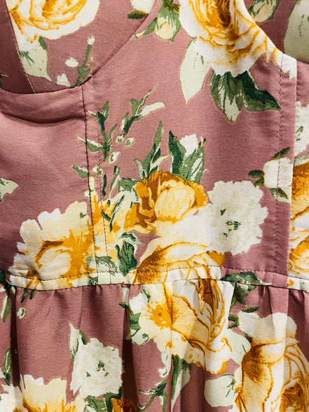 Robe longue florale rose mauve - imprimé roses jaunes - bretelles fines - style bohème été - Taille Medium