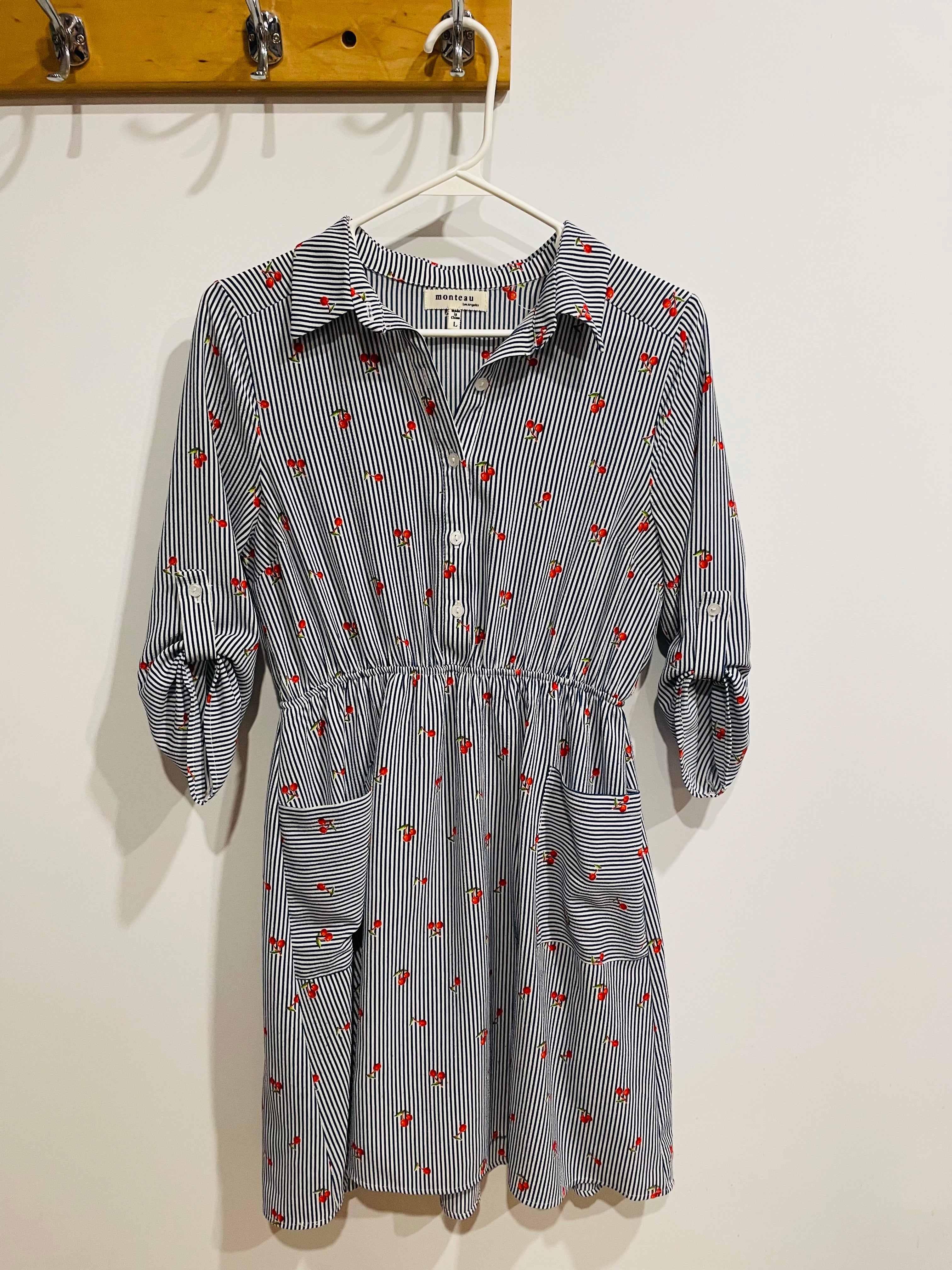 Robe chemise Monteaux - rayures bleu blanc imprimé cerises - taille élastique - Taille Large
