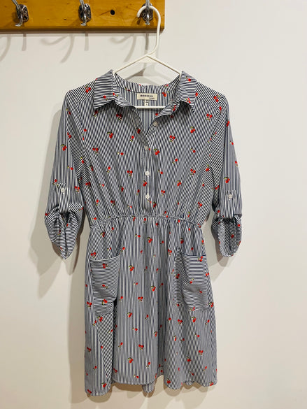 Robe chemise Monteaux - rayures bleu blanc imprimé cerises - taille élastique - Taille Large