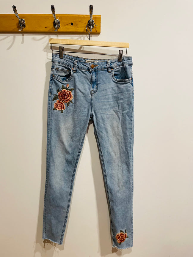 Jeans skinny taille haute broderies florales - Streetwear society - Taille 7