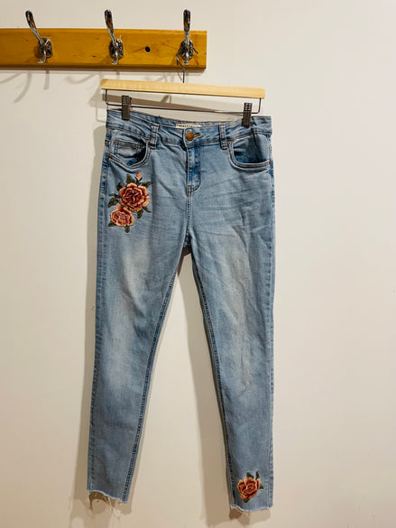 Jeans skinny taille haute broderies florales - Streetwear society - Taille 7