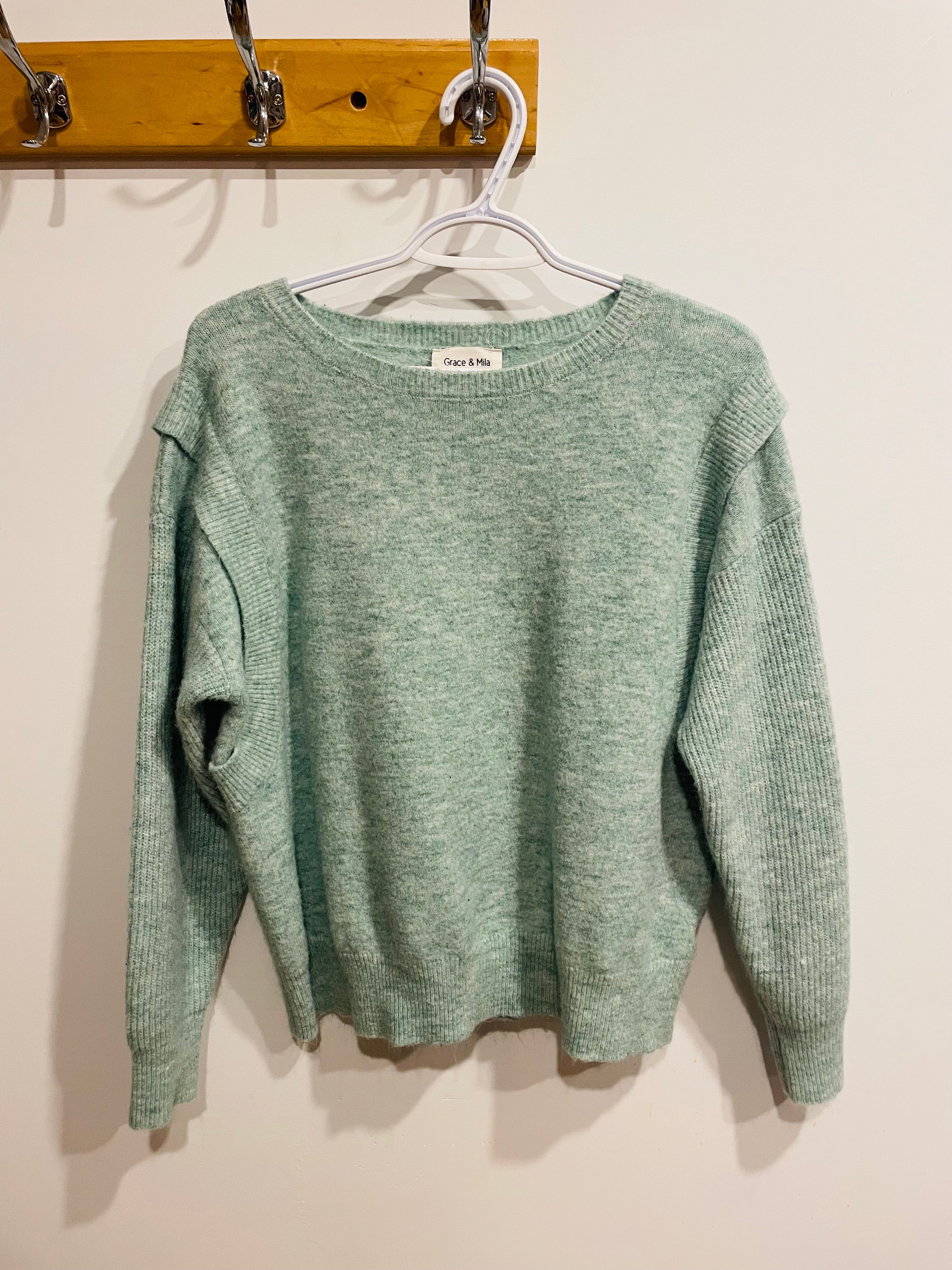 Chandail tricot vert menthe Grace & Mia - coupe oversize - encolure ronde - Taille Medium