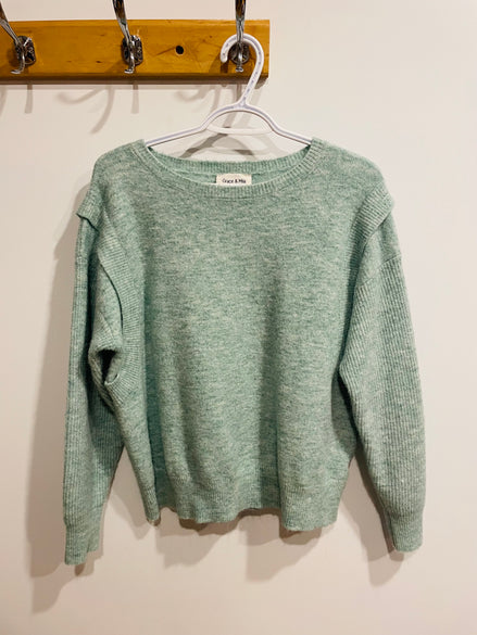 Chandail tricot vert menthe Grace & Mia - coupe oversize - encolure ronde - Taille Medium