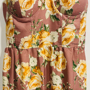 Robe longue florale rose mauve - imprimé roses jaunes - bretelles fines - style bohème été - Taille Medium