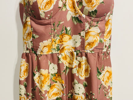 Robe longue florale rose mauve - imprimé roses jaunes - bretelles fines - style bohème été - Taille Medium